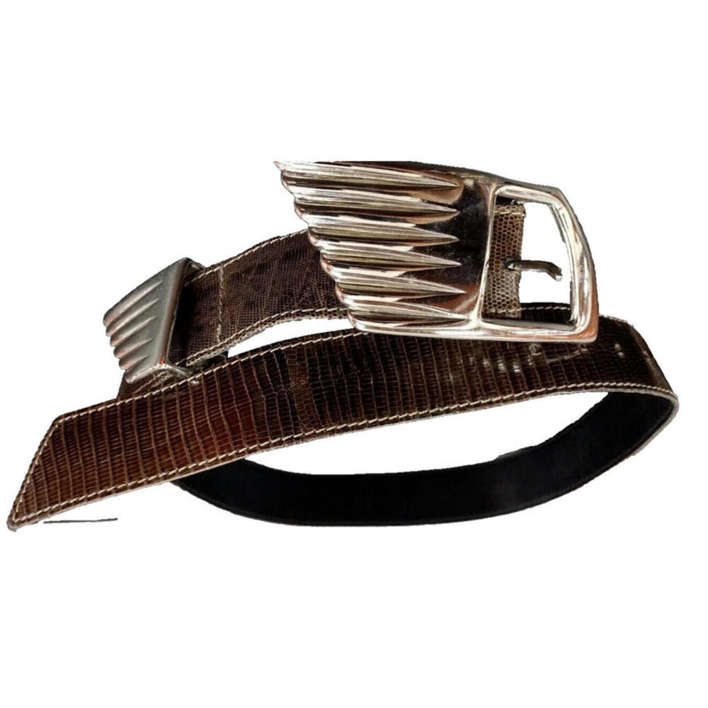 Vintage Brown Lizard Leather Belt High Fashion Wing Buckle 1980s New Wave Size M